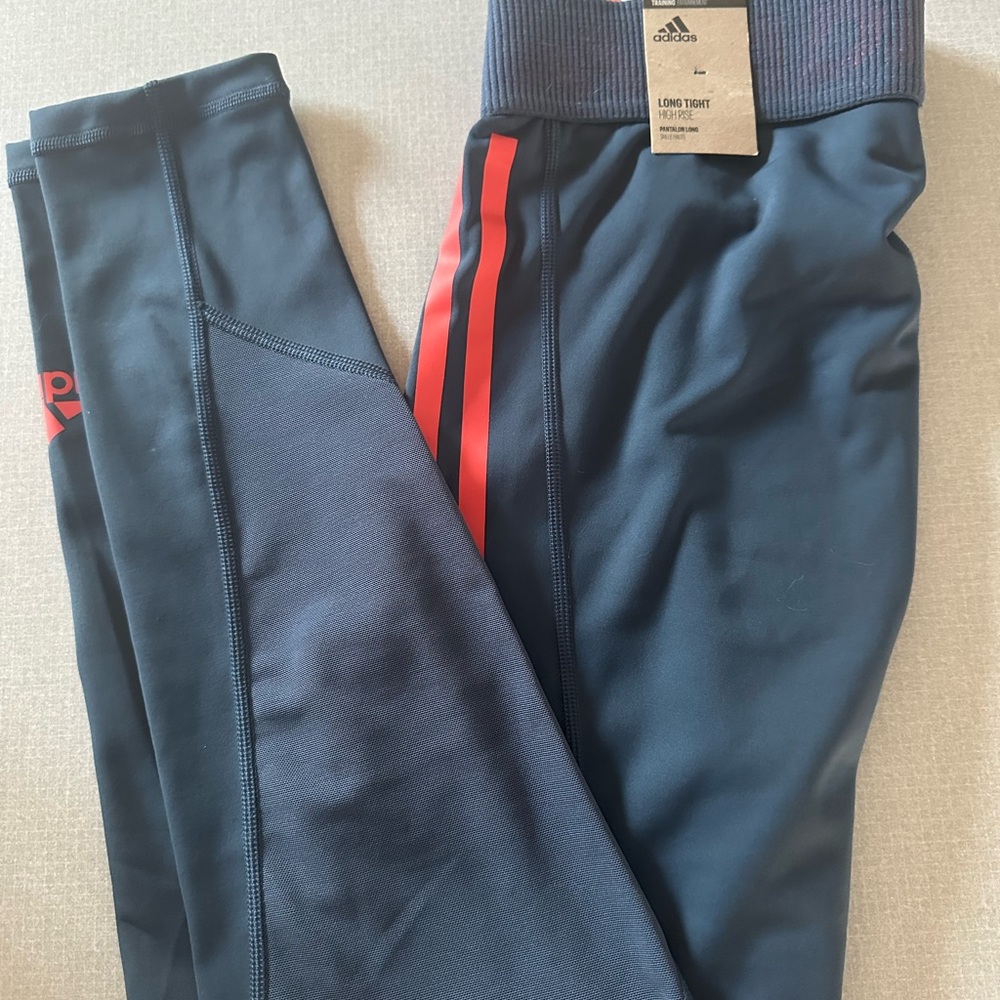 Adidas Blue and Red Leggings with Bold Stripe